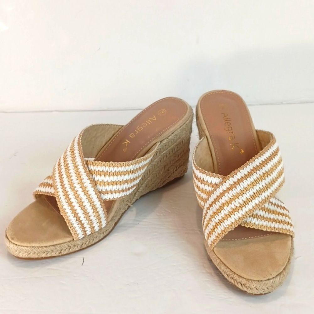 Allegra K Women's white/tan crisscross strap platform slide wedges sandals S/ 9